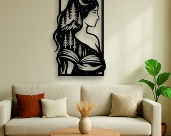 Book and Forest Wall Art, Woman Reading Silhouette, Moon Stars Nature Decor, Dreamer Gift