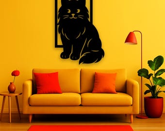 Laser Cut Fluffy Cat Wall Art by FreeLinesWallArt, Black Silhouette Framed Wood Decor, Minimalist Cat Lover Gift, Modern Wooden Wall Hanging