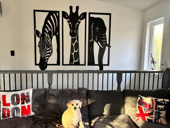 Wooden Safari Wall Art Set – Elephant, Giraffe, Zebra Panels – Modern Animal Silhouette for Living Room Wall Decor, Free Lines Wall Art