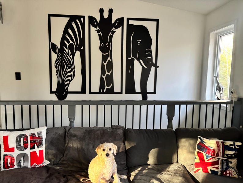 Wooden Safari Wall Art Set – Elephant, Giraffe, Zebra Panels – Modern Animal Silhouette for Living Room Wall Decor, Free Lines Wall Art image 1