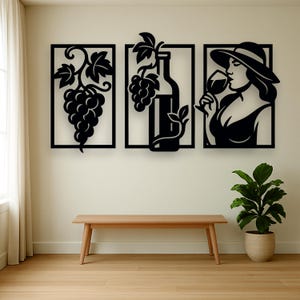 Rustic Wine Wall Art: Grapes, Bottle, Woman Silhouette - 3 Piece Wooden Panel