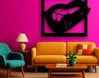 Sensual Lip Bite Wooden Wall Art – Minimalist Black Silhouette for Modern Bedroom, Romantic Gift Idea and Bold Intimate, Free Lines aRT