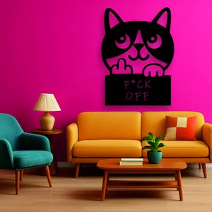 Sarcastic Cat Wall Art, Funny F*CK OFF Sign Minimalist Decor, Humorous wall art, Middle finger wall art, Cute wall decorations, Cat decor