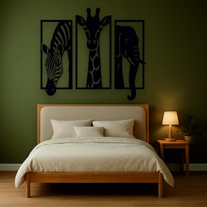 May include: Black metal wall art featuring a zebra, giraffe, and elephant, each within a rectangular frame. The artwork is mounted above a bed with a wooden frame, beige bedding, and a small side table with a lamp.