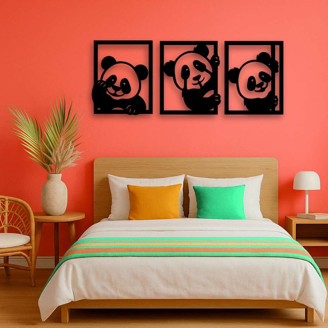 3 Panda Wooden Wall Art Set, Laser Cut Nursery Decor, Minimalist Animal ...