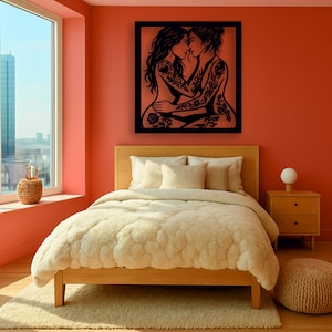 Lesbian Couple Wood Wall Art: Tattooed Women Embrace Silhouette - LGBTQ Decor