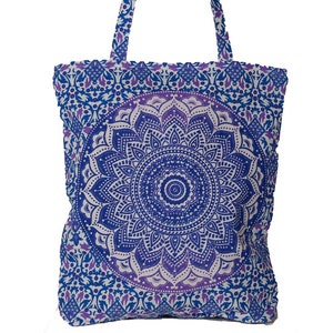 Sunshine Joy Hippie Style Mandala Zip Top Tote Bag Blue & Purple