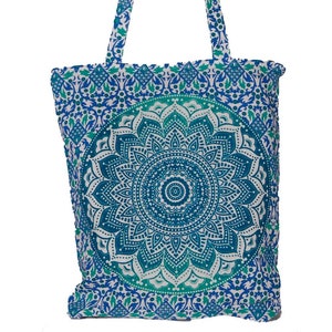 Sunshine Joy Hippie Style Mandala Zip Top Tote Bag Blue & Teal