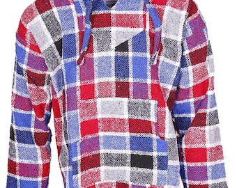 Rode en blauwe geruite Mexicaanse baja-hoodie - geweven trui - hippie-surfjack - uniseks festivalhoodie