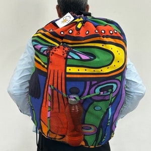 May include: A colorful drawstring backpack with a mesh side pocket and a water bottle inside. The backpack has a bright, abstract design with a rainbow of colors.
