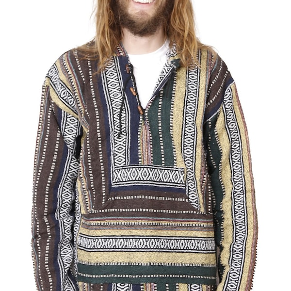 Sunshine Joy Woven Baja Pullover Hoodie Hooded Jacket Drug Rug - Earth Stripe