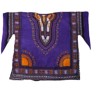 May include: A purple dashiki shirt with a colorful geometric pattern. The shirt has a round neckline and long sleeves.