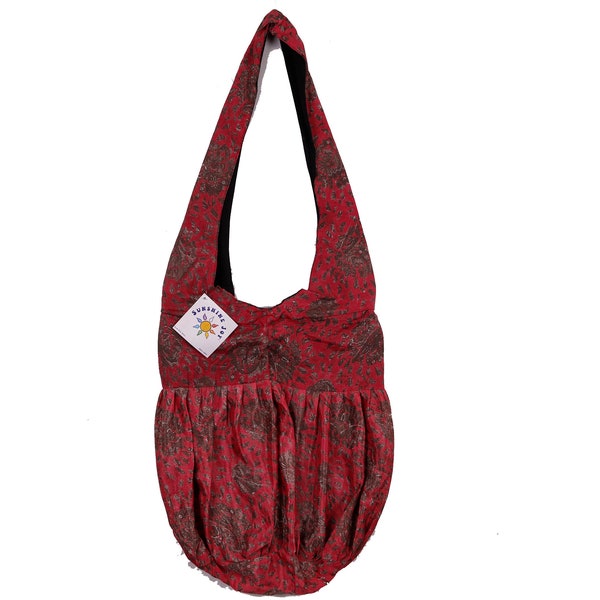 Sari Hobo Bag WYSIWYG Upcycled Silky Sari Fabric Sunshine Joy Hippie Zip Top Hobo Shoulder Bag One-of-a-Kind Unique Ruby Red & Floral Design