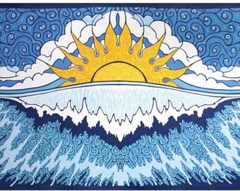 Sun Wave Psychedelic Ocean Tapestry – Trippy Beach Surf Wall Art Decor by Sunshine Joy