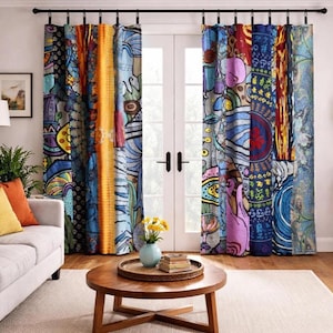 Boho Patchwork Cotton Curtain Panel - Hippie Tab Top Window Curtain - Bohemian Home Decor - Colorful Patchwork Curtain - Single Panel