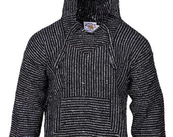 Black and White Pinstripe Baja Hoodie - Mexican Woven Pullover - Hippie Surf Jacket - Unisex Festival Hoodie