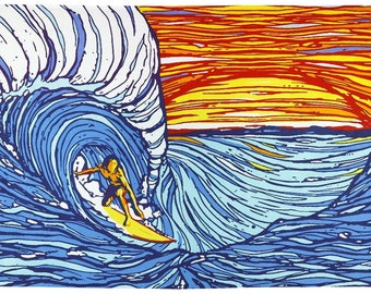 Sunset Surfer Psychedelic Tapestry Tablecloth Hand Printed Wall Art Huge 60x90 Inches