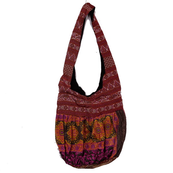 Sari Hobo Bag WYSIWYG Upcycled Silky Sari Fabric Sunshine Joy Hippie Zip Top Hobo Shoulder Bag One-of-a-Kind Unique Burgundy, Purple & Gold