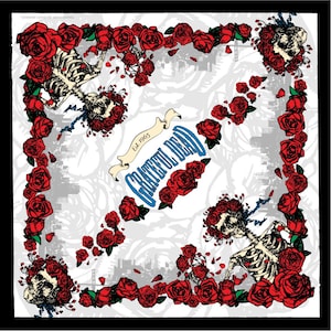 May include: Square bandana with a black border featuring a design with red roses, skeletons, and the words "Grateful Dead" in blue. The words "Est. 1965" are also present on the bandana.