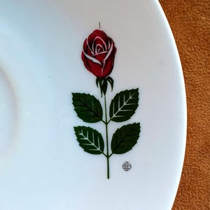 Pu&ograve; includere: Piatto in ceramica bianca con un motivo a rosa rossa. La rosa &egrave; raffigurata con un fiore rosso dettagliato, foglie verdi e uno stelo. Il piatto ha un design semplice ed elegante, adatto per servire cibo.