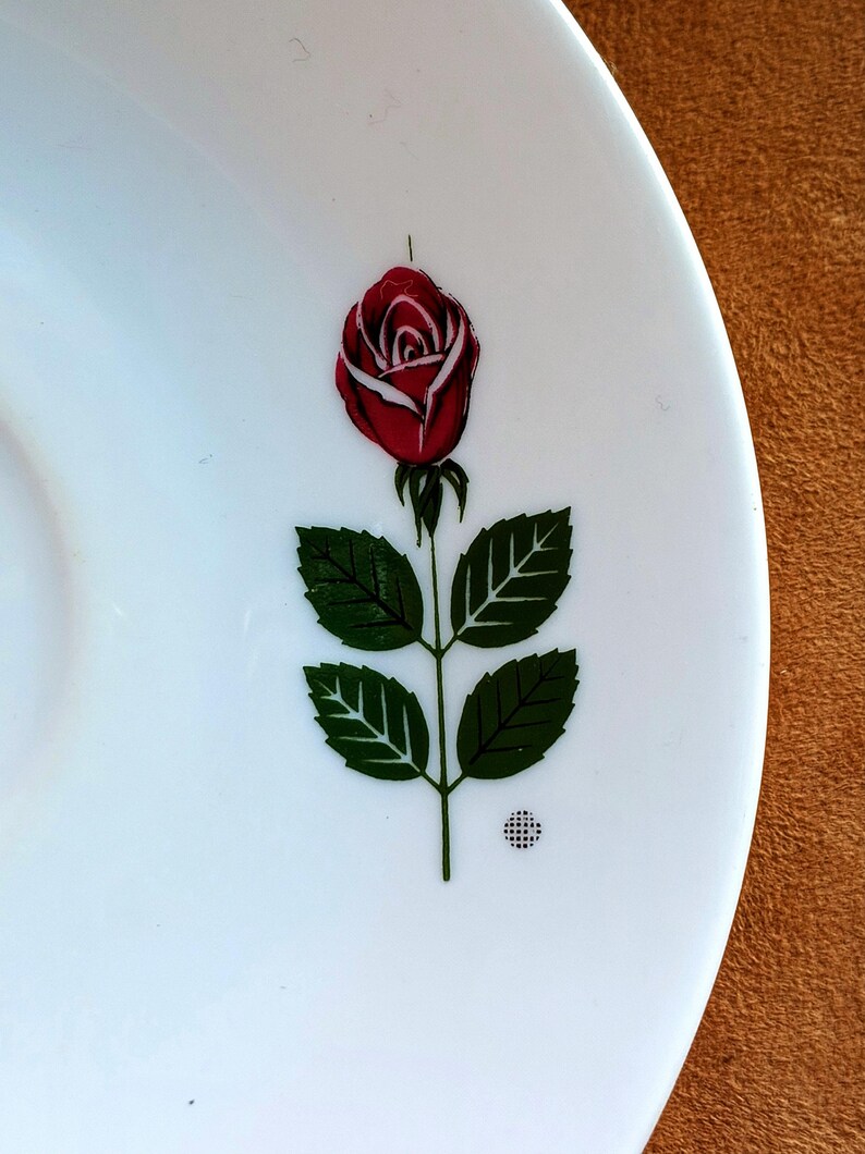 Pu&ograve; includere: Piatto in ceramica bianca con un motivo a rosa rossa. La rosa &egrave; raffigurata con un fiore rosso dettagliato, foglie verdi e uno stelo. Il piatto ha un design semplice ed elegante, adatto per servire cibo.