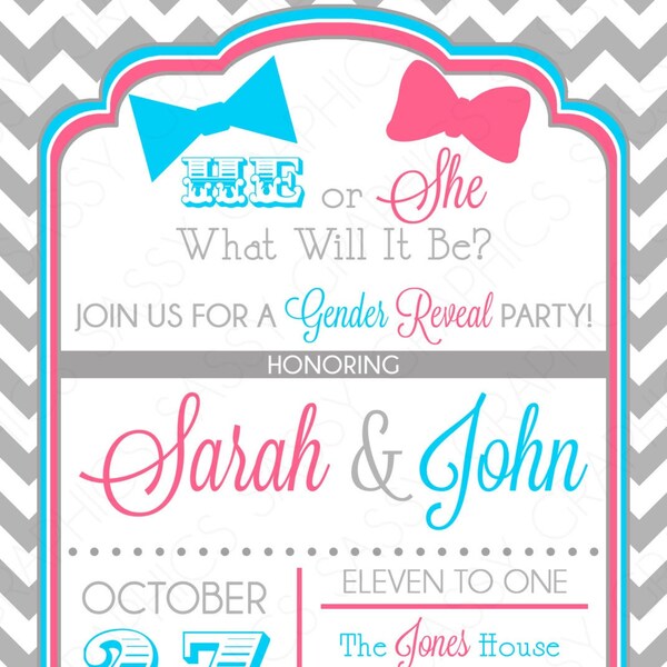 Gender Reveal Party Invitation - Baby Shower Invite He Or She Boy Or Girl Pink Blue Chevron Bowtie DIY Printable Invite PDF (Item #1)