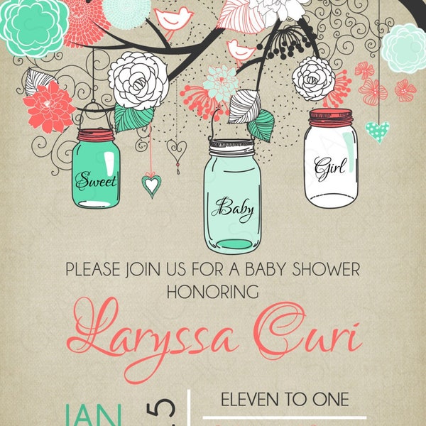 Mason Jars Baby Shower Invitation - Baby Girl Coral Mint Floral Rustic Shabby Chic Burlap Mason Jar DIY Printable Invite PDF (Item #124)