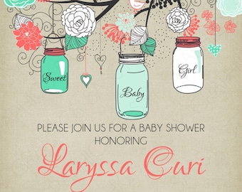 Mason Jars Baby Shower Invitation - Baby Girl Coral Mint Floral Rustic Shabby Chic Burlap Mason Jar DIY Printable Invite PDF (Item #124)