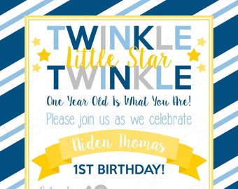 Boy Birthday Invitation – Twinkle Twinkle Little Star Birthday Invite Navy Blue Yellow Gray Printable Digital Download Invite (Item #4)