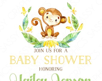 Monkey Boy Baby Shower Invitation Baby Boy Invite Watercolor Monkey Baby Shower Invite Tropical Floral DIY Printable Invite PDF Baby Monkey