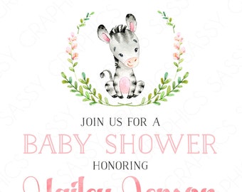 Zebra Baby Shower Invitation Baby Girl Invite Watercolor Zebra Girl Baby Shower Invite Tropical Floral DIY Printable Invite PDF (#185)