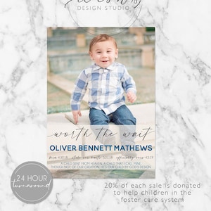 Worth the Wait Adoption Announcement, Adoption Party Invitations, Photo Adoption Party Cards, Boy Adoption Card, Boy Adoption Announcement