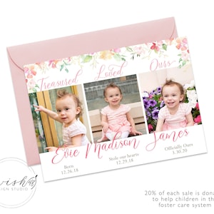 Anuncio de adopción floral, Invitaciones a fiestas de adopción, Tarjetas de fiesta de adopción con foto, Tarjeta de adopción de niñas, Anuncio de adopción de niñas, Foster
