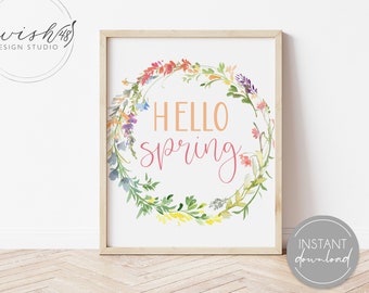 Hello Spring Print, Spring Printable, Spring Home Decor, Spring Wall Art, Home Decor Printable, Watercolor Floral Print, Easter Printable