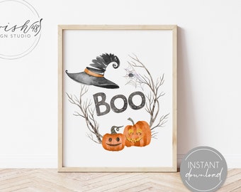 Boo Halloween Decor Printable, Halloween Home Decor, Fall Watercolor, Witches Wall Decor, Watercolor Jack o Lantern, Boo Printable