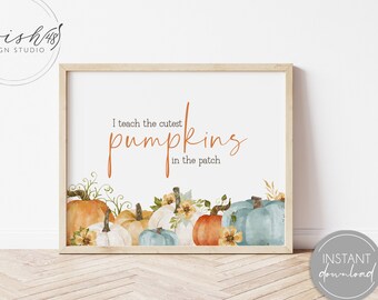 Parche de calabaza decoración imprimible, decoración del hogar del otoño, arte de la escuela casera, acuarela de otoño, decoración de la pared de la calabaza, regalo del maestro, impresión del parche de calabaza