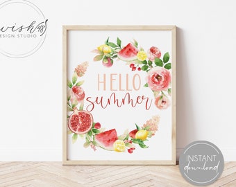 Hello Summer Print, Summer Printable, Summer Home Decor, Summer Wall Art, Home Decor Printable, Watercolor Floral Print, Summer Printable