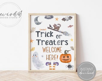 Trick or Treaters Welcome Here Printable, Halloween Home Decor, Trick or Treat Print, Trick or Treat Sign, Watercolor Halloween Printable