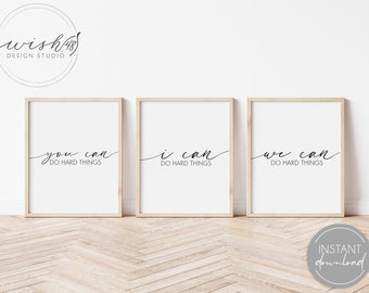 Puedo hacer cosas difíciles, puedes hacer cosas difíciles, podemos hacer cosas difíciles, cartel en blanco y negro, impresión motivacional, decoración de oficina, decoración en casa