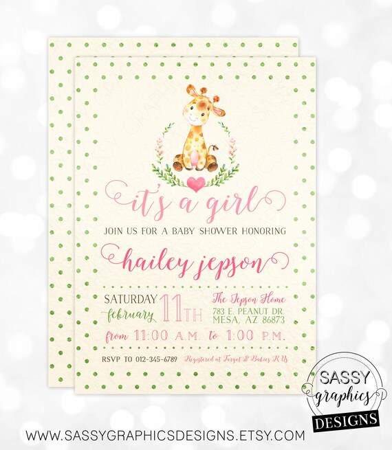 Giraffe Girl Baby Shower Invitation Baby Girl Invite Watercolor Giraffe Baby Shower Invite Polka Dot DIY Printable Invite PDF (#182) Il_570xn