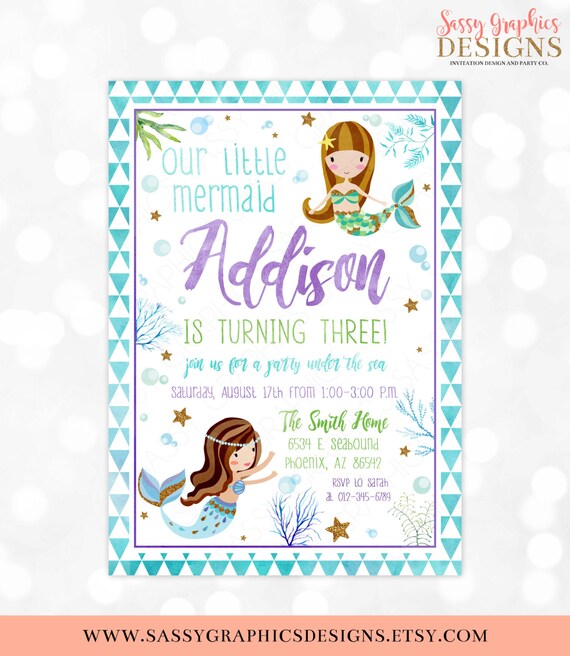 Mermaid Birthday Invitation - Girl Birthday Invite Under the Sea Little Mermaid Birthday Watercolor Glitter DIY Printable Invite PDF (#3) Il_570xn