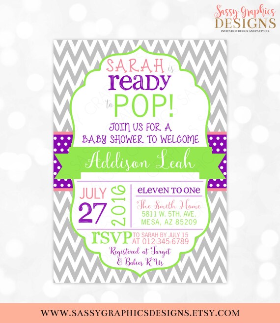 Ready To Pop Girl Baby Shower Invitation - Baby Girl Chevron Polka Dots Pop Baby Shower Purple Pink Green DIY Printable Invite PDF (item#84) Il_570xn
