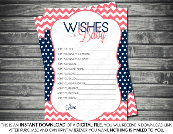 Instant Download Girl Wishes for Baby Card - Chevron, Polka Dot, Pink, Coral, Navy Blue, Printable, Digital Il_570xn