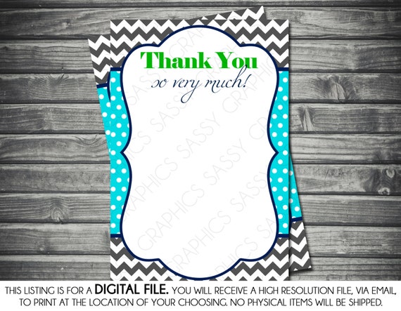 Boys Baby Shower Thank You Card - Chevron, Polka Dots, Green, Navy Blue, Turquoise, Printable, Digital Il_570xn