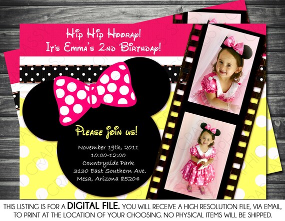 Minnie Mouse Inspired Girl Photo Birthday Invitation - Pink, Yellow, Polka Dots, Printable, Digital Il_570xn