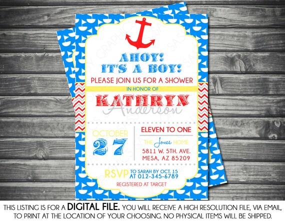 Boys Baby Shower Invitation - Modern Nautical, Boats, Chevron, Blue, Yellow, Red, Gray, Printable, Digital Il_570xn