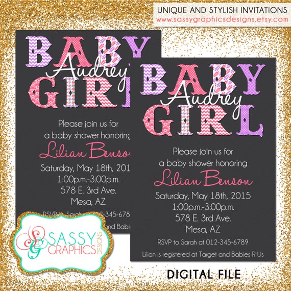Girl Baby Shower Invite, Baby Shower invitation, chevron shower invite, digital invite, PDF invite, DIY invite, purple, pink (Item #131) Il_570xn