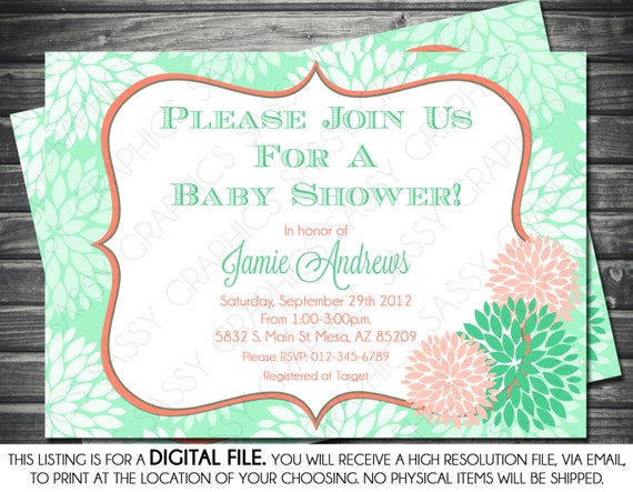 Girl's Baby Shower Invitation - Modern, Floral Mint, and Pink, Printable, Digital Il_570xn