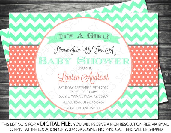 Girl Baby Shower Invitation - It's A Girl Baby Invite Coral Mint Gray Chevron DIY Printable Invite PDF Il_570xn
