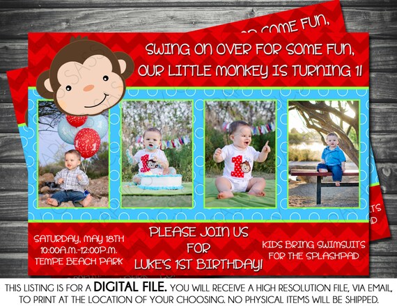 Boy Birthday Invitation - Photo, Monkey Theme, Red Chevron, Blue Polka Dots, Printable, Digital Il_570xn